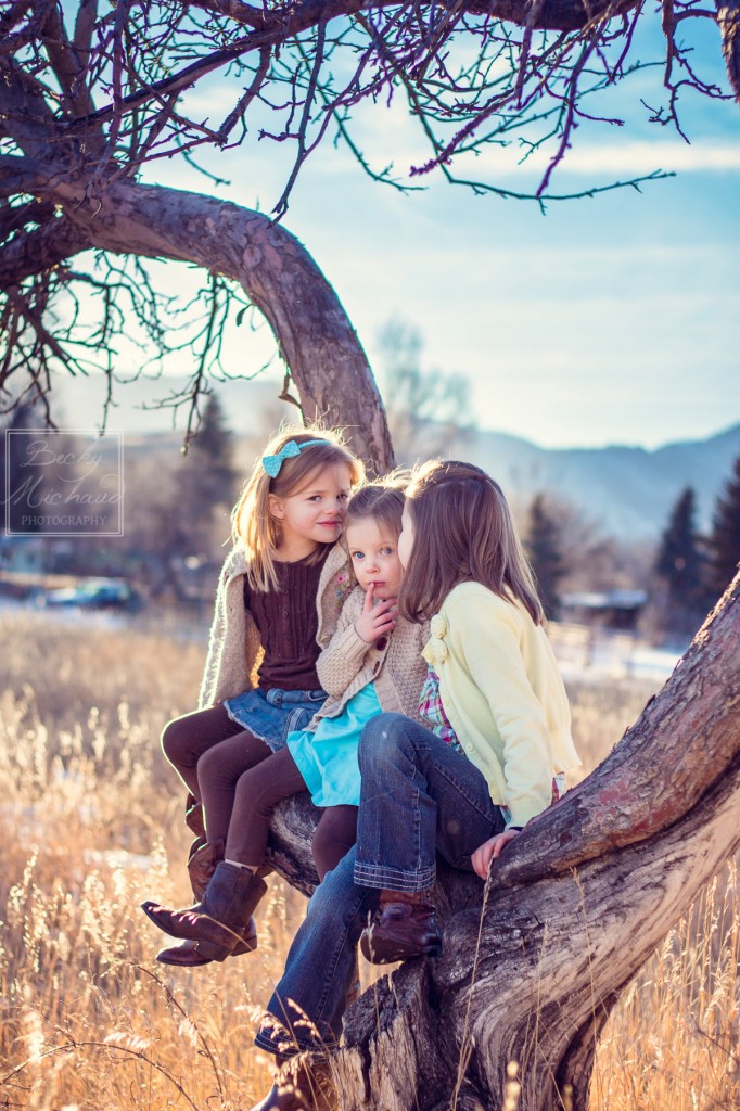 Three sisters share secrets while sitting in a tree together