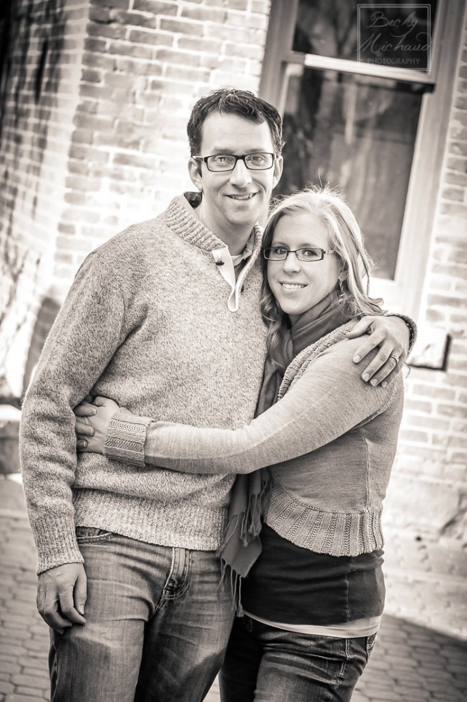Black and white portrait of a husband and wife in Old Town Fort Collins