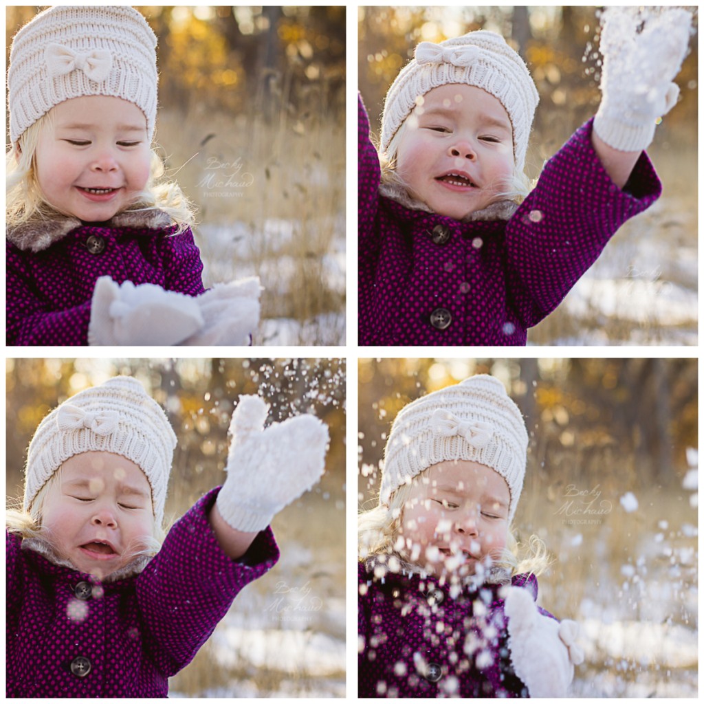 series of photos of a little girl throwing snow in a field in Colorado