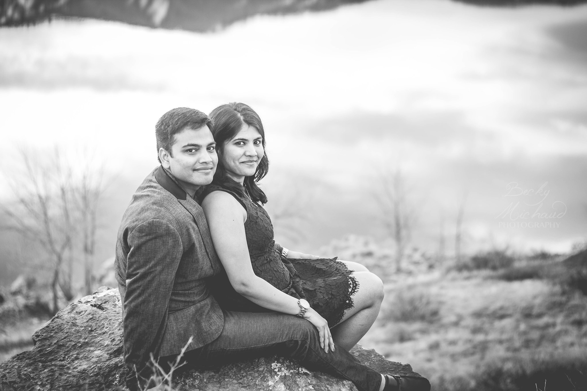 black and white portrait of a couple by a Fort Collins lake