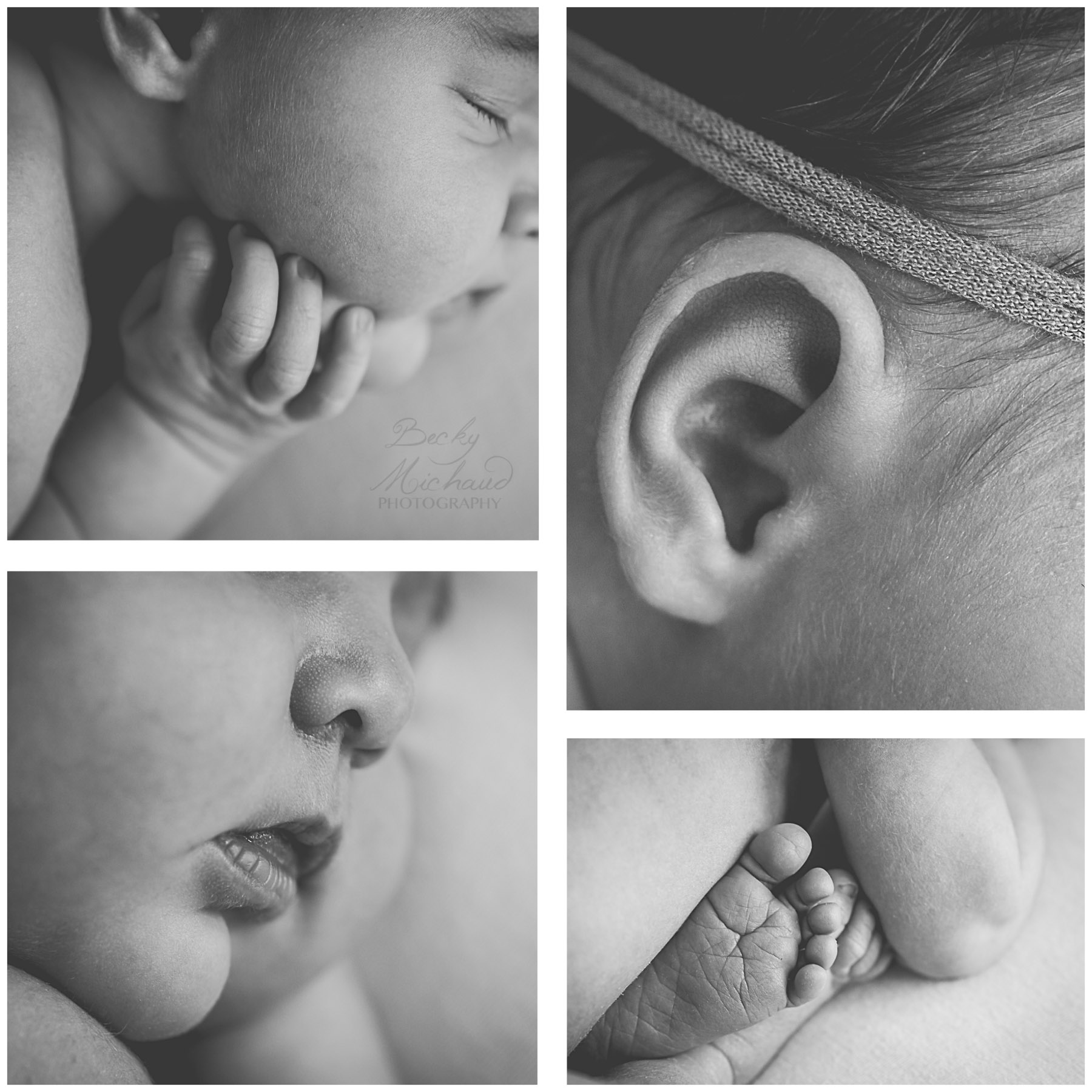 black and white collage of baby details