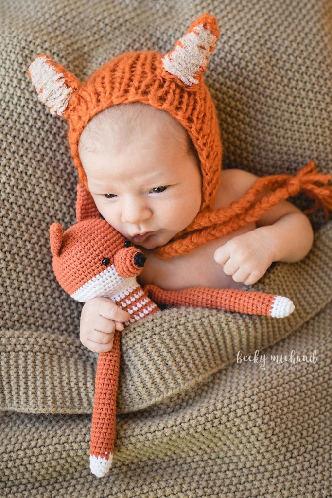 Baby boy wearing a fox hat and cuddling with a fox toy