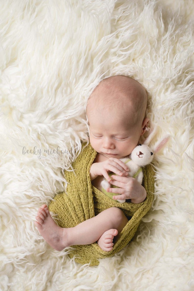 Northern Colorado photographer, Becky Michaud, took this photo of a newborn boy cuddling with a felted wool bunny toy
