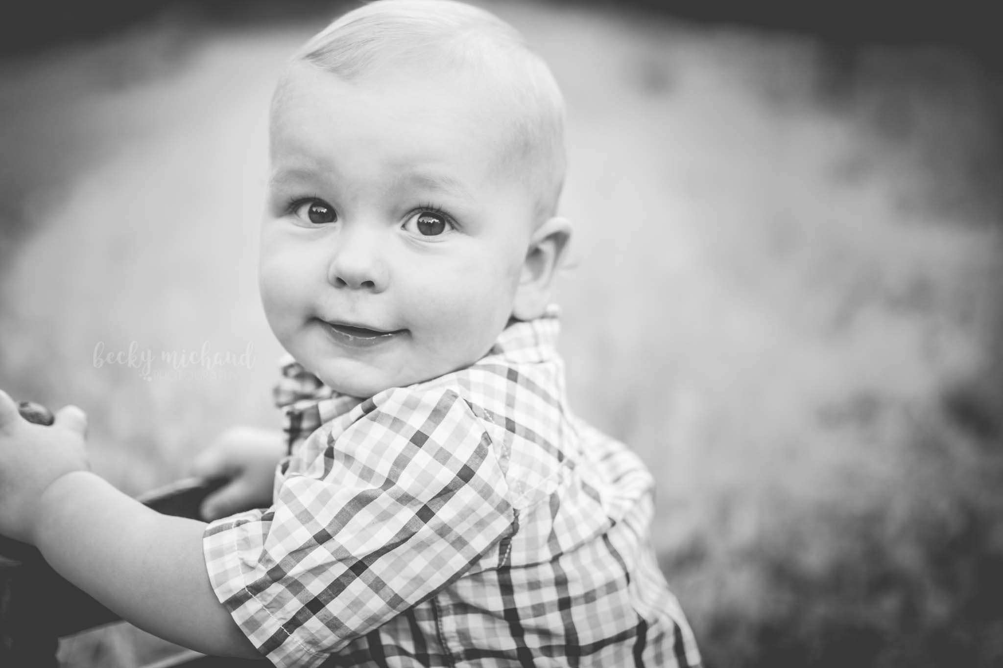 black and white portrait of a one year old boy taken by Fort Collins photographer, Becky Michaud