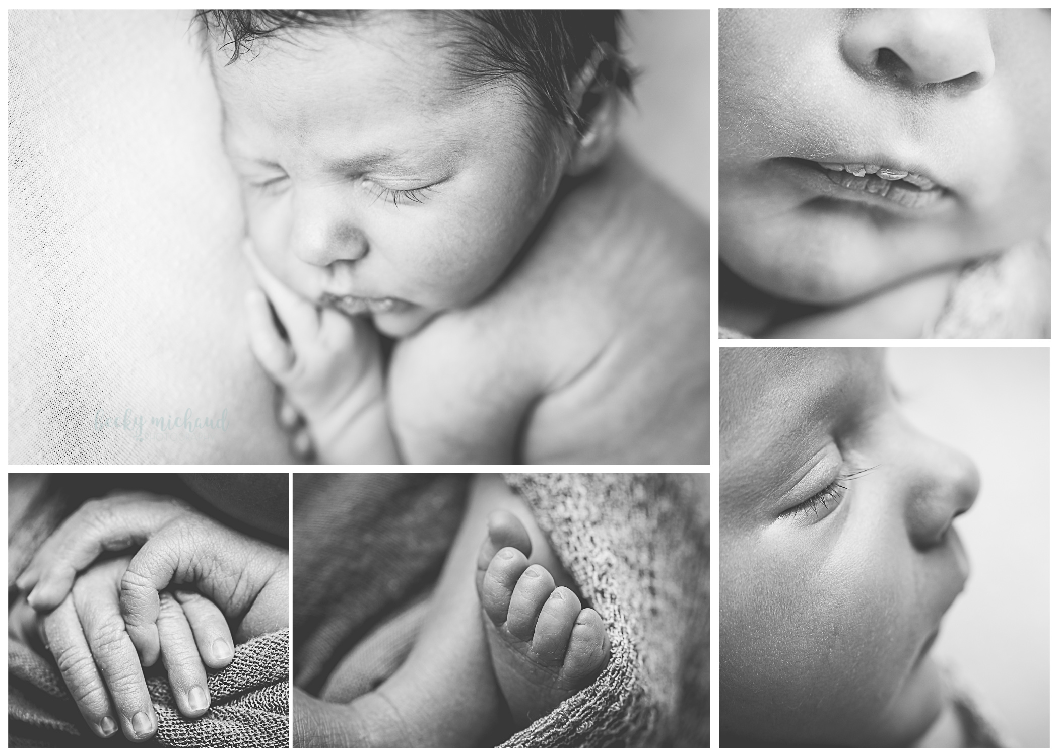 collage of macro images of details of a newborn baby 