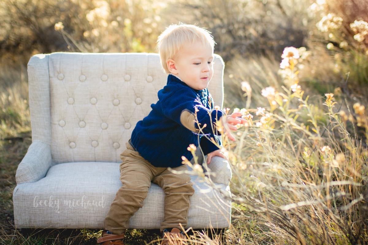 A little boy sits on a couch and picks flowers in a field in Loveland, Colorado