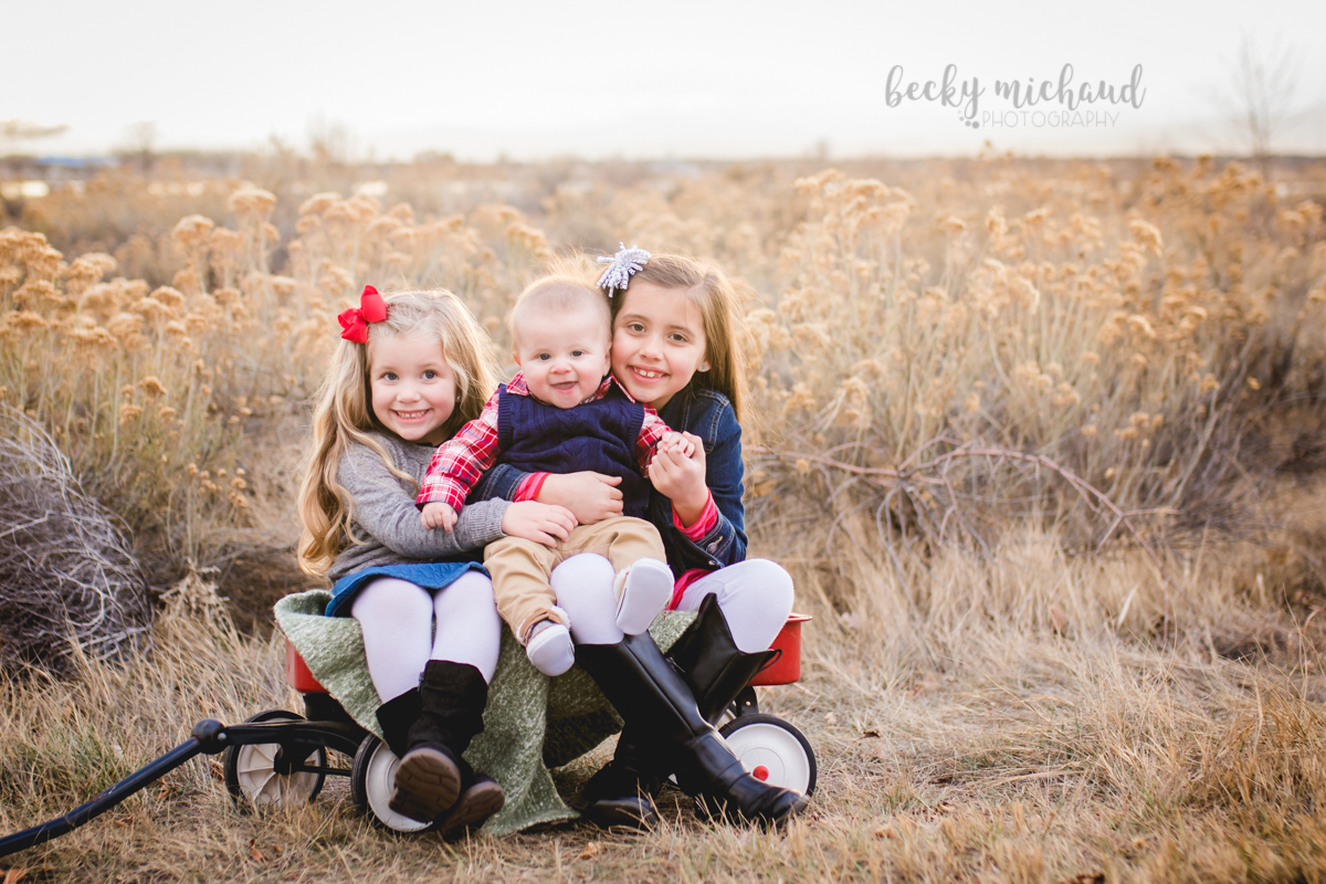 three siblings sit in a wagon as they pose for their family photo session in Loveland, Colorado