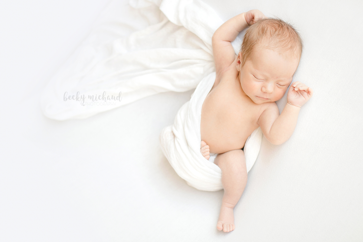 Simple organic newborn portrait of a baby boy on a white backdrop taken by Becky Michaud, Fort Collins Photographer