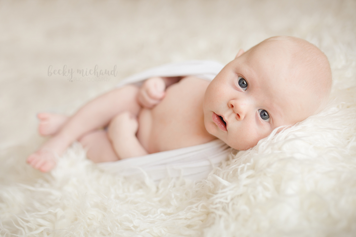A baby boy gazes at the camera in a clean and simple photo taken by Becky Michaud, Fort Collins baby photographer