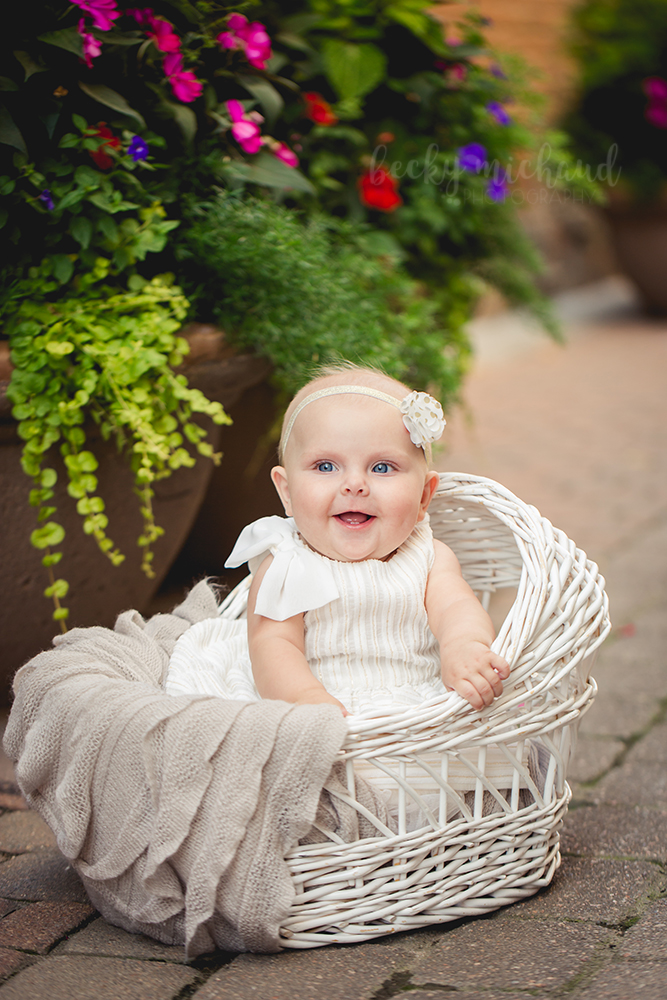 A baby sits in a wicker basket by some beautiful flowers in Old Town Fort Collins