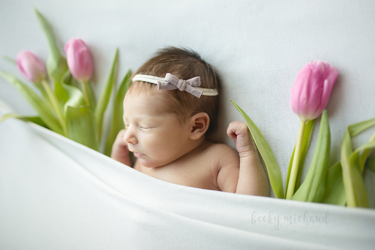 Baby girl tucked in with pink tulips during her newborn photo session in her home
