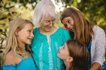 Three girls and their great greandmother in a photo taken by Becky Michaud, Northern Colorado photographer