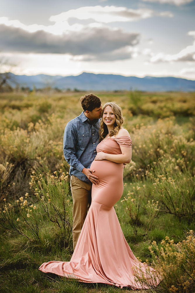 Maternity photo taken in Loveland Colorado with pregnant mom wearing Chicaboo Athena gown